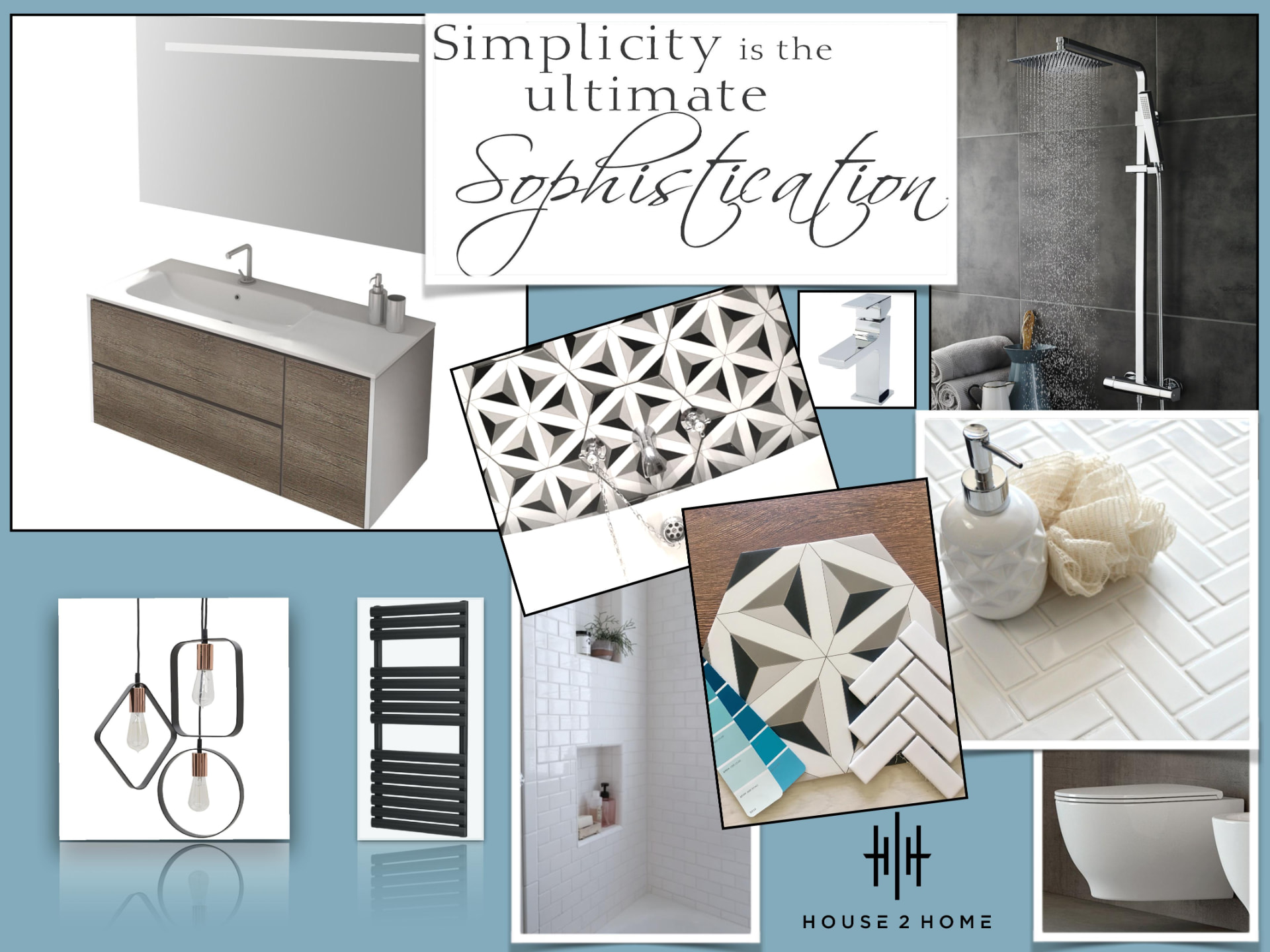 Bathroom moodboard with walk-in shower, floating vanity, black towel rail and geometric tiles
