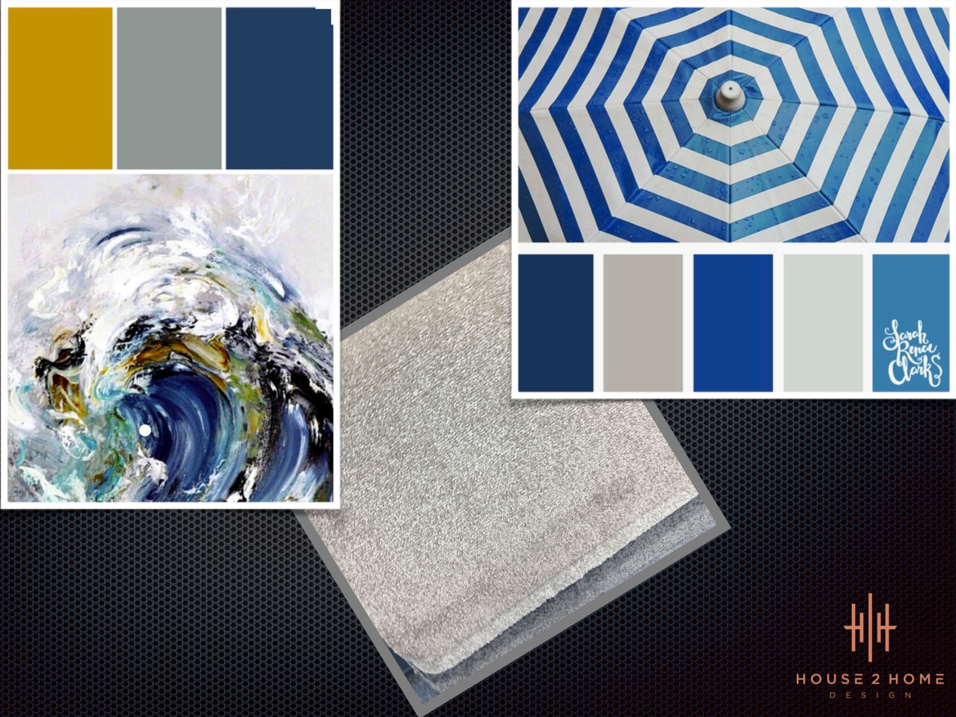 Bedroom moodboard with navy, mustard and grey swatches, carpet sample and abstract art